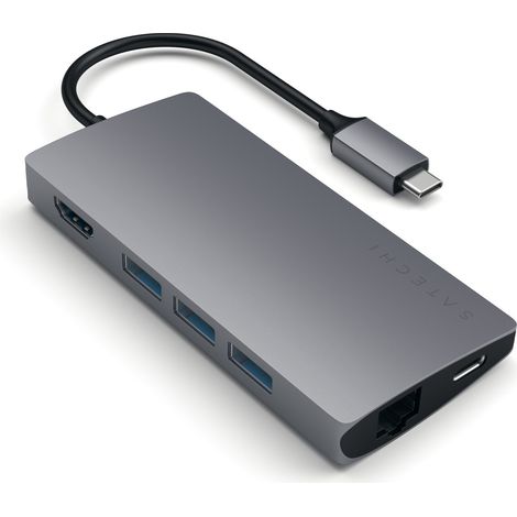 Adattatore multiporta in alluminio Satechi V2 - adattatore in alluminio per dispositivi mobili USB-C (USB-C, 3x USB-A, HDMI 4K, lettore di schede micro/SD, Ethernet) (grigio siderale) (1/4)