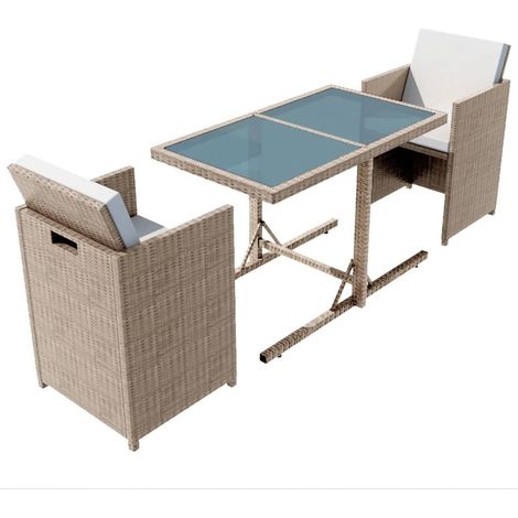 Mesa y sillas bistró de jardín 3 pzs y cojines poli ratán beige vidaXL (1/5)