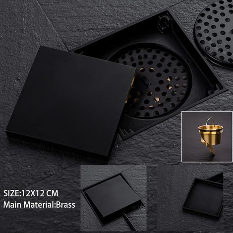 (12 INV Black)Brass Square Floor Drain， Size: 12CMX12CM 15X15CM, could used in bathroom,  terrace， outdoor and etc. (1/4)