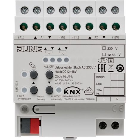 Jung KNX Actionneur de store 2x AC 110-230 V, 1x DC 12-48 V, REG, 4 TE 2502 REGHE