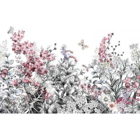 Papier peint panoramique floral idéal salon Tapisserie panoramique motif fleur des champs Papier peint panoramique gris & rose pour chambre (1/4)