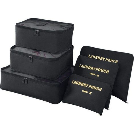 Ensemble de 6 organisateurs de bagages noirs pour ranger vêtements, chaussures et accessoires en voyage.-AquaForge (1/5)