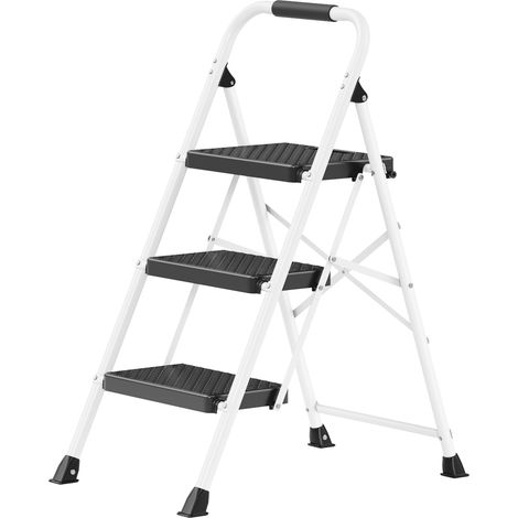 Escabeau Pliant 3 Marches en Acier, Antidérapant, Charge 150 kg, 114 x 45,5 x 7,5 cm, Blanc (1/5)