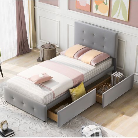 Cama Tapizada 90x200 Cm Somier Y Cajones Almacenaje Terciopelo Gris (1/5)