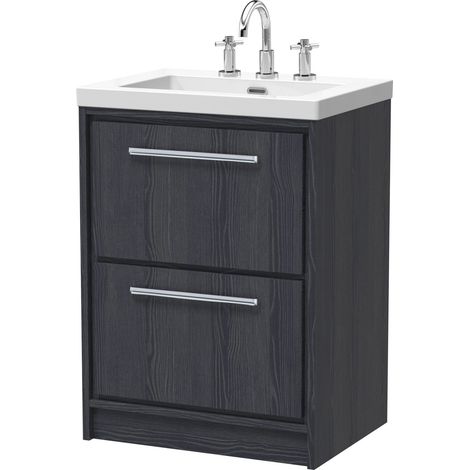 Longnor 2 Drawer Floor Standing Vanity Unit with 3 Tap Hole Modern Fireclay Basin, Woodgrain Graphite Grey, 600mm (1/4)