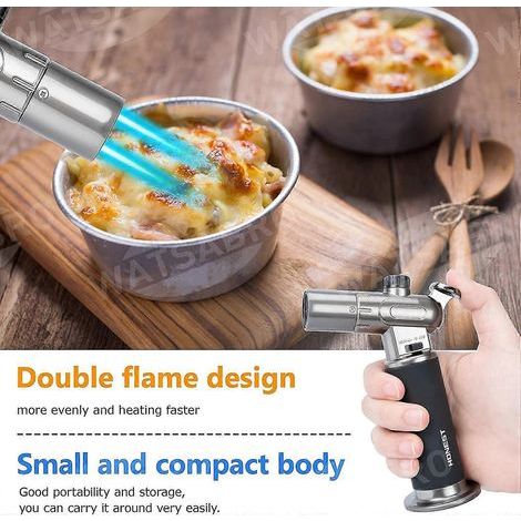 Brûleur de cuisine à double flamme pour gaz butane, avec verrouillage de sécurité et boîtier en acier inoxydable et aluminium. Idéal pour la cuisine, le barbecue et l'allumage de bougies (butane non i (1/3)