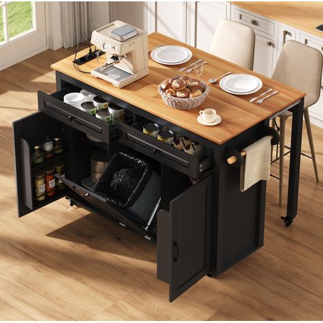 Isla de cocina 120 x 40-75 x 92 cm negra con tablero extensible, toma integrada y espacio para basura (1/5)