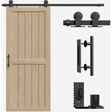 Kit complet de ferrures de porte coulissante de 182 cm - Système de porte coulissante - Noir - Avec guide au sol réglable et poignée de porte (1/5)