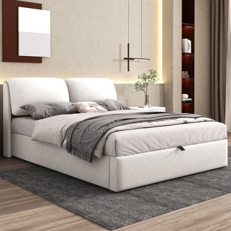 Bett Doppelbett Stauraum 140x200 Samt Beige OKMYHOME (1/5)