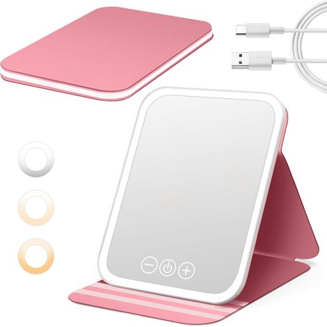 Miroir de Maquillage Lumineux Portable, Rechargeable, Pliable, 3 Couleurs de Lumière, Luminosité Réglable, Fonction Mémoire, Idéal pour Voyage et Maison (Rose, 1) (1/5)