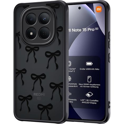 Coque pour Xiaomi Redmi Note 15 Pro 5G, Aesthetic Papillon Nœud Motif Étui Translucide Mat Silicone TPU + PC Arrière Antichoc Housse Protection de la Caméra Bumper Case pour Filles Femme, Noir (1/5)
