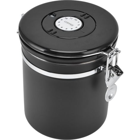 Boîte de conservation hermétique pour café, bocal avec date, valve de décompression CO2, en acier inoxydable noir. (1/5)