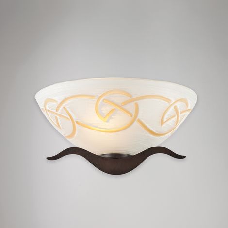 Applique in ferro laccato nero con decorazione effetto ruggine e diffusore in vetro diametro 30 bianco e ambra 1 luce H.15 - L.30 - P.15