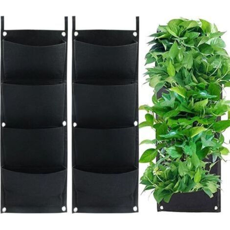 2 Pack Vertical Hanging Planting Bags, 4 Pockets Thick Felt Planting Bags for Balcony, Outdoor, Garden, Yard, Office, Home Decoration (Black) (1/5)