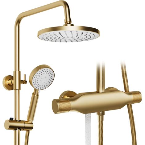 Colonne de douche,Ensemble de colonne douche 3 en 1,Pommeau de douche à effet pluie rond de 225mm,Système de douche rétro en or brossé,Pommeau de douche réglable à 360°,Douchette à main 3 modes (1/4)