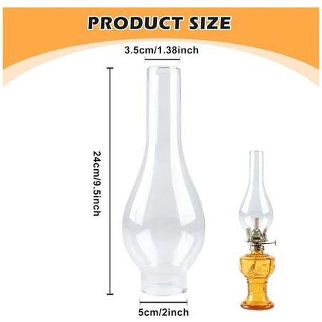 Abat-Jour en Verre pour Lampe à Pétrole, Cheminée de Lampe à Huile, Verre de Rechange pour Lampe à Pétrole Vintage, Base de 5 cm, Hauteur de 24 cm