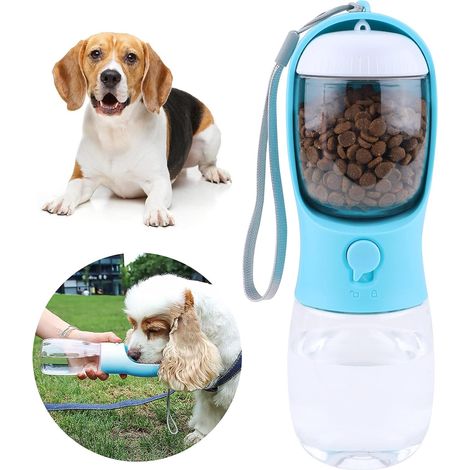 2-in-1-Wasserflasche für Hunde, tragbare Wasserflasche für Haustiere, auslaufsicherer Wasserspender für Hunde, Hundebecher, Katzen, Reisewasserflasche, 300 ml, mit 100 g Futterbehälter