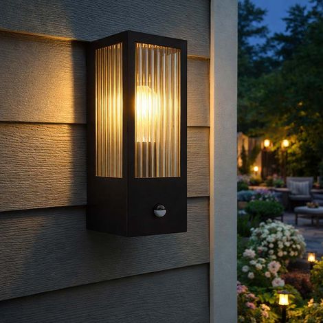 Applique LED con rilevatore di movimento Applique da esterno in vetro con sensore nero, metallo, 1x E27 LED bianco caldo, LxLxH 15,4x12x32 cm (1/5)