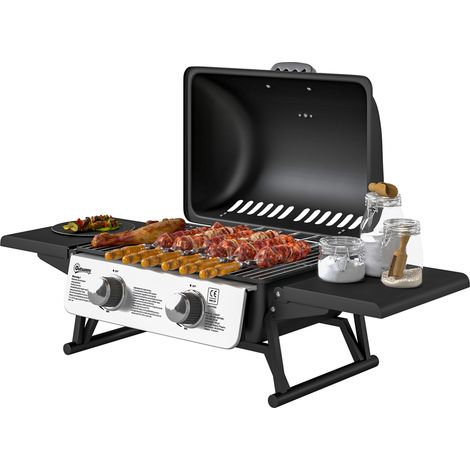 Tragbarer Gasgrill mit 2 Brennern und Deckel mit Thermometer, schwarz