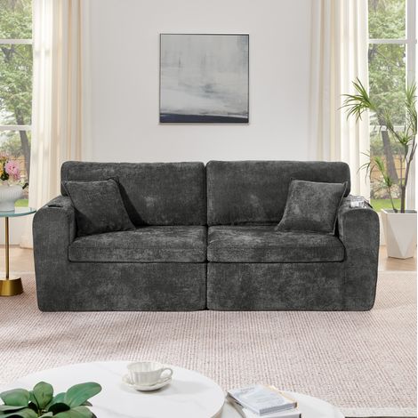 Canapé relax 2 places noir en chenille avec ports USB, porte-gobelets et poche latérale (1/5)