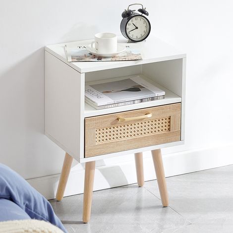 Table de chevet en rotin avec tiroir et pieds en bois massif, chevet moderne pour salon et chambre,55 x 40 x 30 cm- Blanc