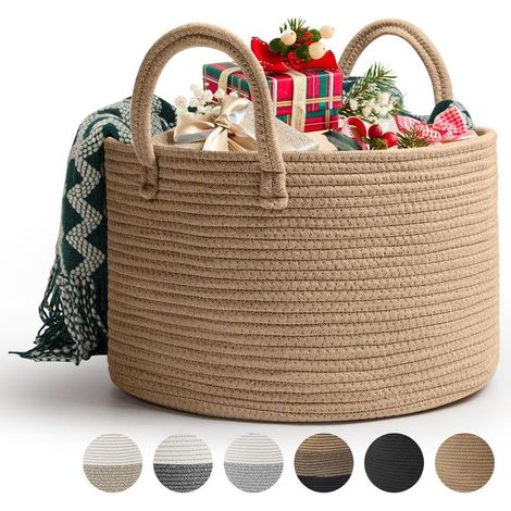 Corbeille à Linge en Coton Tissé D40 x H25 CM Panier de Rangement en Corde de Coton 32L Pliage Grande Capacité Corbeilles à Linge Avec Anse Convient à la Décoration Intérieure(Jute) (1/5)