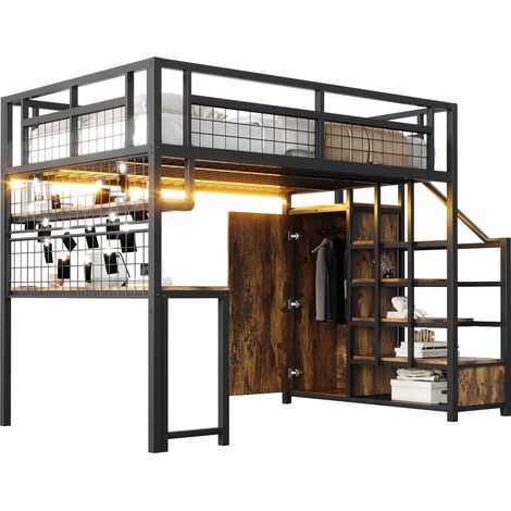 CAIziLit mezzanine métal 140x200 cm LED, bureau, rangement, sans matelas (1/5)