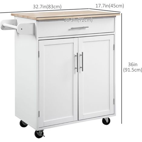 Chariot de cuisine mobile en bois blanc, îlot central sur roulettes, chariot de rangement avec tiroir et porte-serviettes pour le service (1/5)