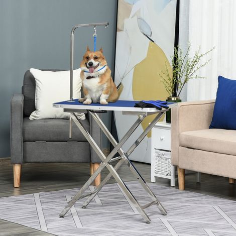 Hundepflegetisch mit rutschfester Arbeitsfläche, klappbaren Beinen, Griff und Armlehne, 72 x 45 x 74–81 cm, Blau