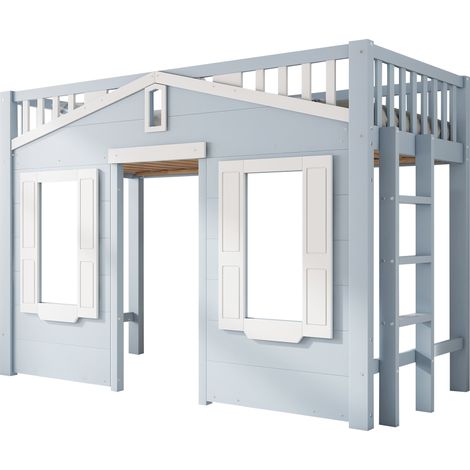 Lit mezzanine enfant 90x200 cm blanc et bleu avec escalier réversible, fenêtre décorative et espace sous le lit modulable pour chambre d'enfant  CHICFURN (1/5)