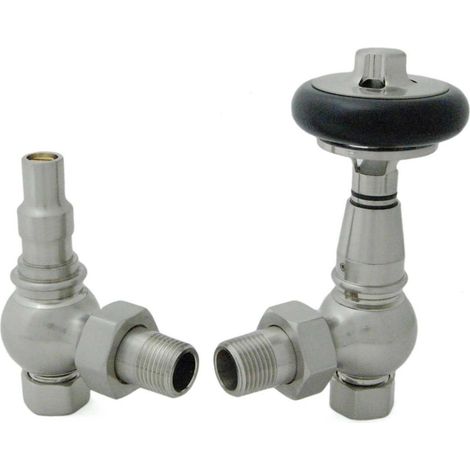 West Amberley Angled Thermostatic Radiator Valve and Lockshield - Satin Nickel (1/4)