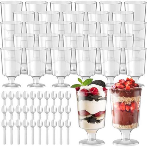 Lot de 30 Verres à dessert, Plastique PS, 120 ml, Transparent, Rond, Réutilisable, Cuillères incluses, Mariage, Fête. (1/5)