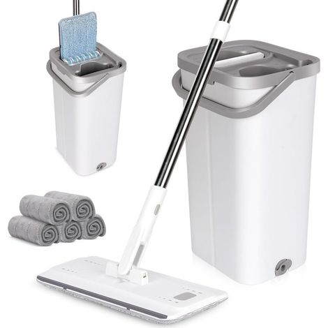Balai Plat Microfibre et Seau Essoreur, Serpillère Rotative 360° et Seau Système Auto-Essorage pour Nettoyage de Sol Humide & Sec, avec 5 Tampons (Blanc) (1/5)