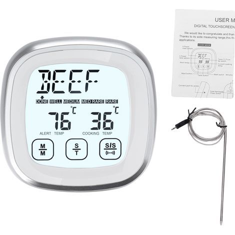 Digital Food Thermometer – BBQ Meat Probe with Timer – 9 Programs, 5 Cooking Levels – Temperature Alarm, Magnetic Light, Silver (1/5)