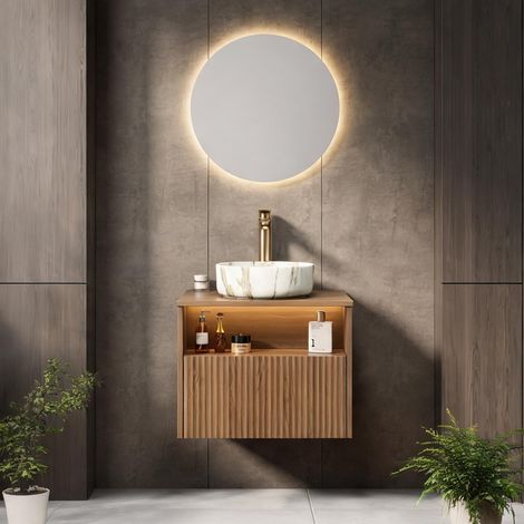 Vasque en céramique blanche avec meuble suspendu en bois 60 cm (1/5)