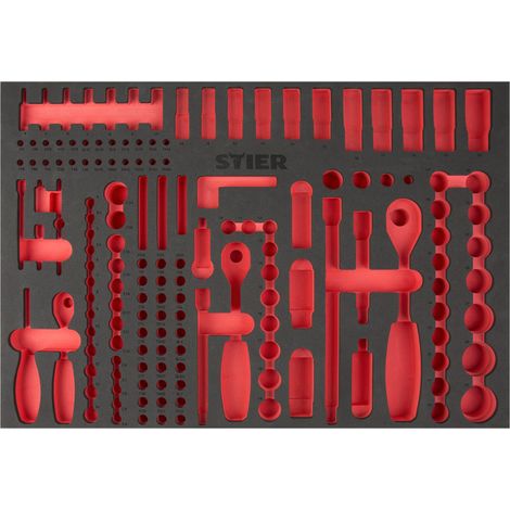 STIER Weichschaumeinlage (EVA) für Steckschlüssel-Satz 179-teilig, leer, für Werkbank und Werkstattwagen, 570 x 400 x 30 mm, mit eingefrästen Schnellfinder-Labels (1/4)