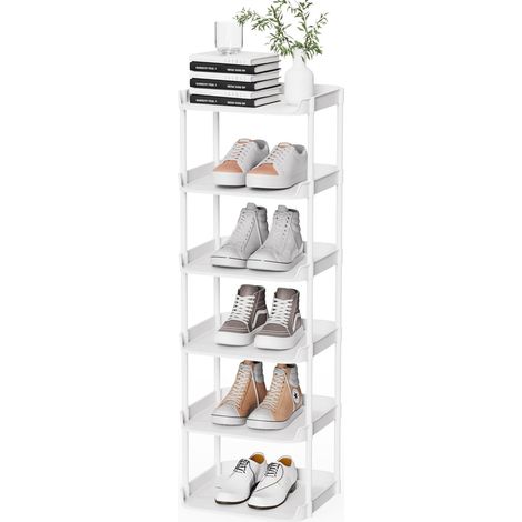 Etagere Chaussures Etroite à 6 Niveaux, Rangement Chaussures Gain de Place, Etagere Plastique Empilable, Shoe Rack pour Chambres, Couloirs, Salons, Couloirs, Blanc