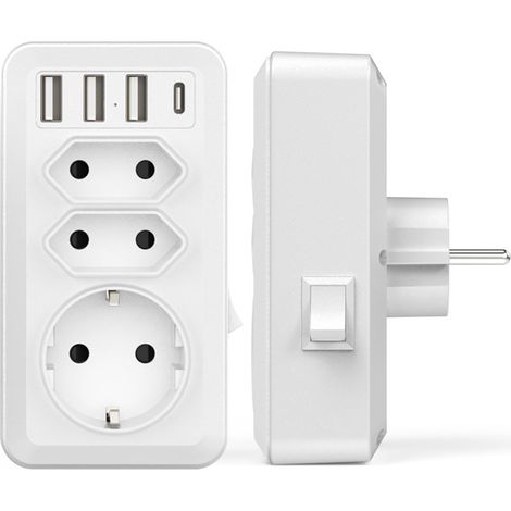 Regleta de enchufes USB 7 en 1 con cargador de pared USB, 3 tomas de CA (16 A, 3800 W), 3 puertos USB de 5 V/3,4 A y 1 puerto tipo C, compatible con teléfono, oficina, hogar y viajes. (1/4)