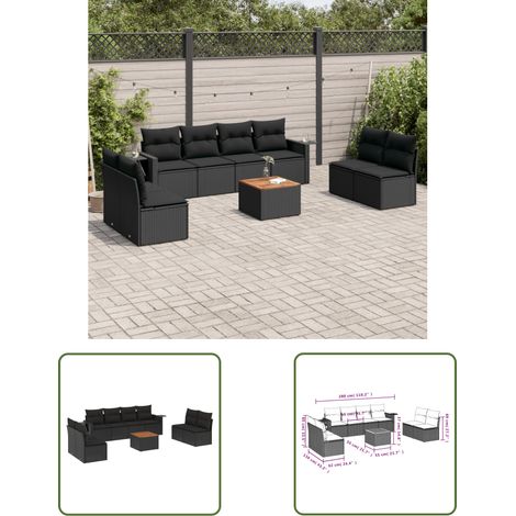 The Living Store Salon de jardin 9 pcs avec coussins noir résine tressée - Ensemble Salon De Jardin - Meuble Extérieur - Jardin - Mobilier De Jardin - Chaise Lounge (1/3)