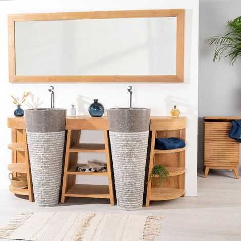 Wanda Collection – Meuble double vasque en teck 180cm – 2 vasques sur pied en marbre gris – 9 étagères de rangement – Conception traditionnelle (1/5)