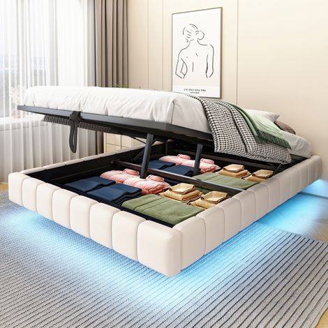 Polsterbett 140/200 cm beige aus Leinen mit LED und Stauraum (1/5)