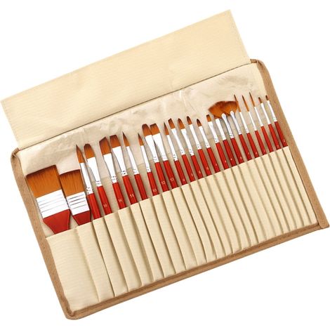 Pinceau À Peinture - Soies En Nylon Double Couleur - Manche En Bois Et Tube En Aluminium - Pour Aquarelle Gouache - Lot De 24 Pièces (1/5)