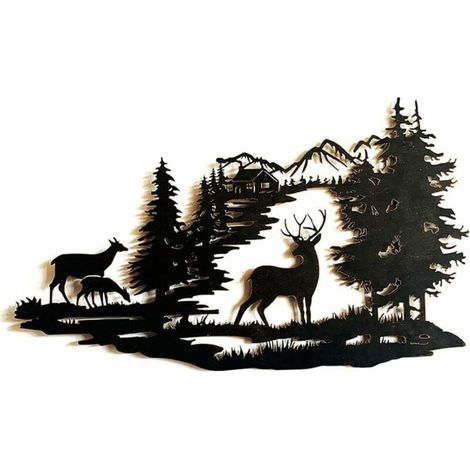Décoration murale en métal cerfs forêt – Sculpture rustique peinte à la main – Dimensions 710 x 679 mm – Accroche facile avec crochets (1/5)