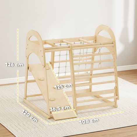 Indoor-KlettergerĂĽst, 6-in-1 Design, Rutsche, Kletterstangen, Kletterwand, Leiter, Kletternetz, 3-6 Jahre, Holz (1/5)