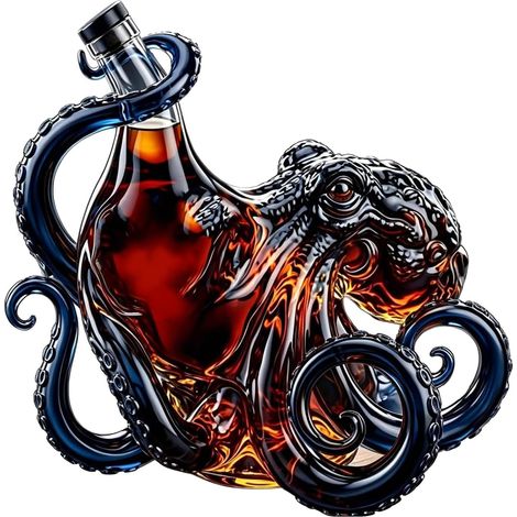 Rum Edition Bouteille 3D pieuvre décorative en mer profonde, objet de collection d'art nautique pour vin, whisky, liqueur, soda ou tasse (noir, 350 ml)