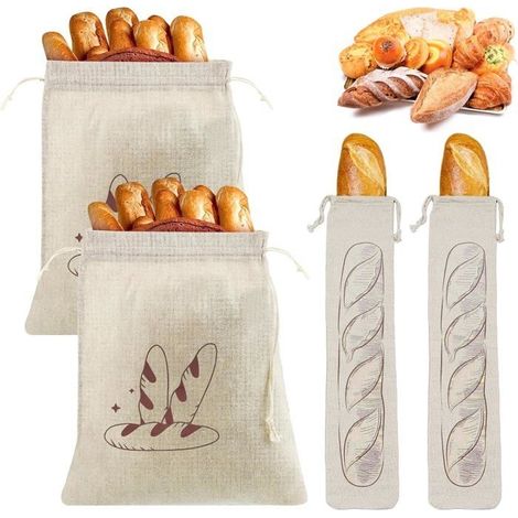 4 Pièce Sac a Pain Longue Conservation, Sac à Pain en Lin avec Cordon de Serrage Sachets à Pain 31x38cm/64x16cm Réutilisable (1/5)