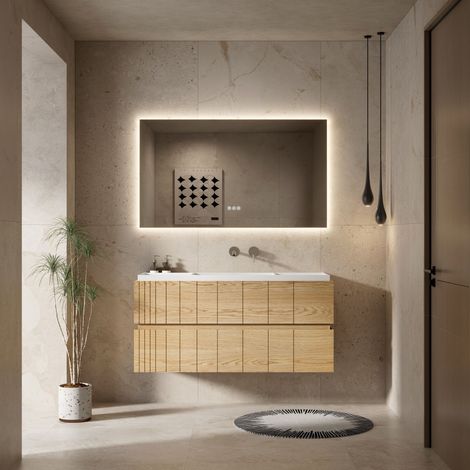 Mobile Bagno 120 cm Sospeso Rovere Chiaro Specchio Retroilluminato - Roshi
