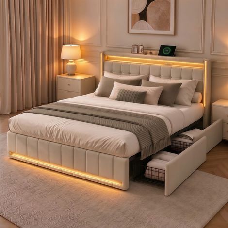 Lit adulte 160x200 avec sommier à lattes,bande lumineuse LED et chargement USB,4 tiroirs,lit double capitonné,tissu en lin,beige