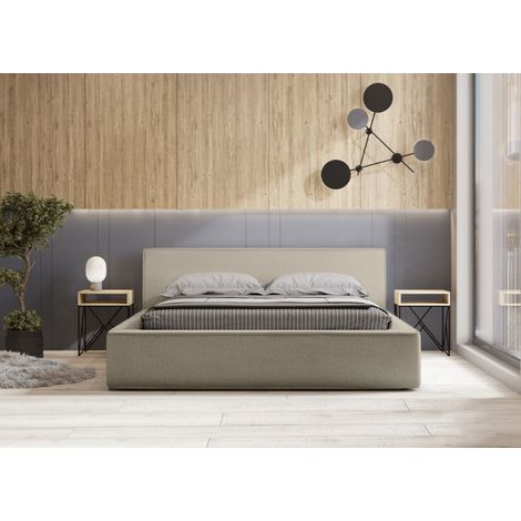 Lit coffre VELORA – Leinen Natur Bouclé – 180x200 cm – Wollstoff-Effekt – Hebeboden – Integrierter Stauraum