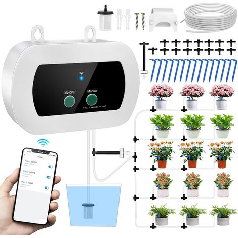 Système d'irrigation WiFi, contrôle d'application, minuterie intelligente, kit goutte à goutte à goutte, 15 buses pour jardin, balcon, intérieur